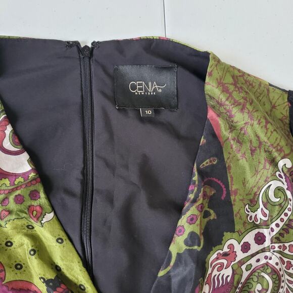 Cenia New York Jumpsuit Womens 10 Green Black Silk Paisley Wide Leg Fairy Whimsy - Picture 3 of 12